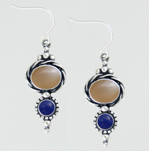 Sterling Silver Drop Dangle Earrings With Peach Moonstone And Lapis Lazuli